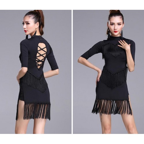 Black red royal blue purple fringes backless fashion women's girl's competition professional latin salsa cha cha dance dresses